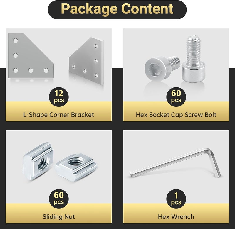 PETOX 12 Set 2020 Corner Bracket Joint Plate L Shape 5 Hole Aluminum Extrusion Connector with 60Pcs T-Nuts, 60Pcs Screws and 1Pcs Wrench for 20 x 20mm Series Aluminum Extrusion Profile, Silver - Image 2